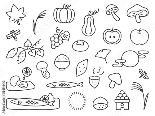 秋のイラストセット、秋の味覚、お月見、紅葉