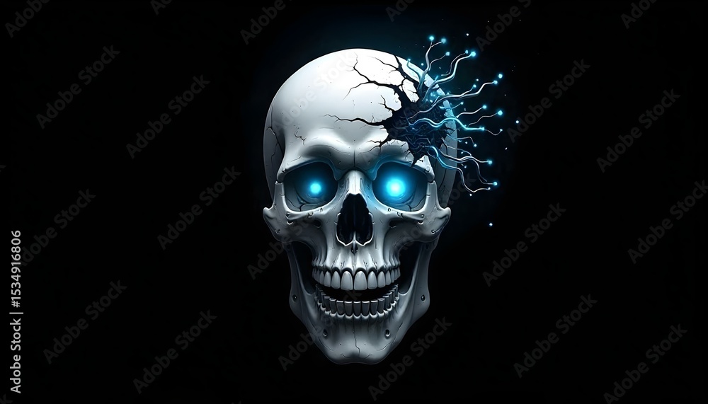Skull Vector Side. Monochrome artificial intelligence skull emblem design with a cracked robotic skull. Skull Vector Side. Monochrome artificial intelligence skull emblem design with a cracked robotic skull.