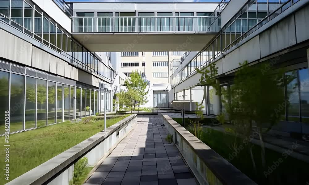 Symmetrical Modern Building Exterior with Glass Windows and Walkway Under Blue Sky