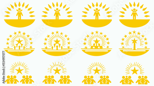 Collection of yellow success icons featuring people, stars, and radiating light designs in a grid pattern