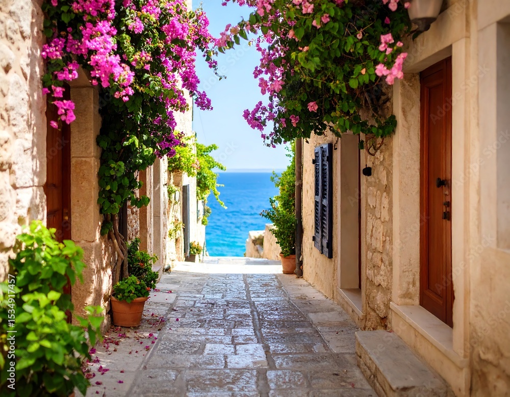 Fototapeta premium Mediterranean alleyway with bougainvillea