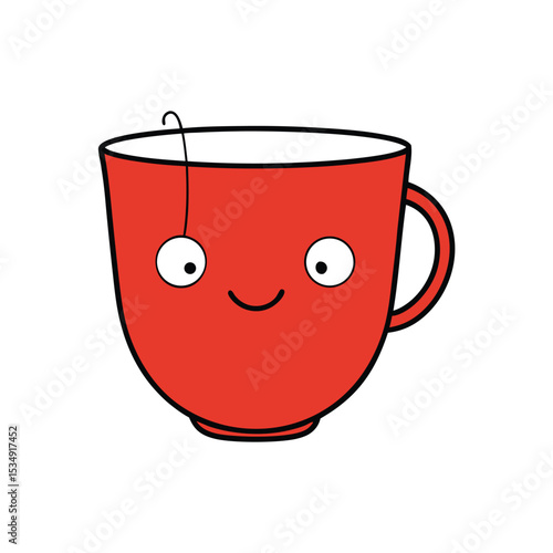 A cheerful red tea cup with a smiling face and a tea infuser, illustration of a cartoon character