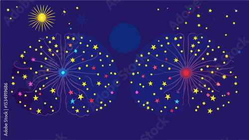 Illustration of two celestial bodies with stars and a sun on a dark blue background in a night scene