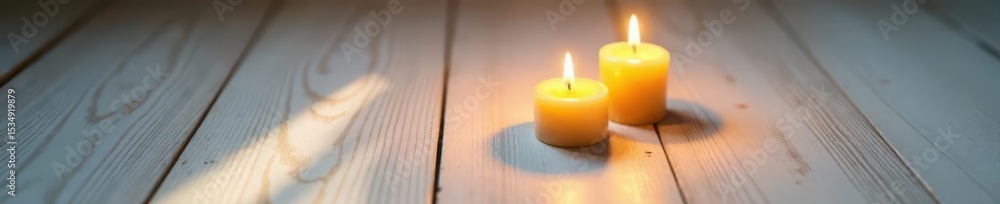 Two burning candles cast shadows on white hardwood , burning, closeup, intrigue Two burning candles cast shadows on white hardwood , burning, closeup, intrigue