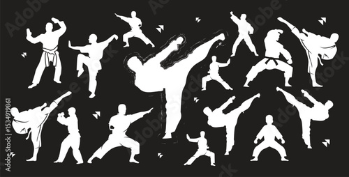 Martial Arts Silhouettes Featuring Karate, Judo, Taekwondo, Aikido, Self-Defense Techniques, Combat Stances, Black Belt Training, Traditional Gi, Powerful Moves