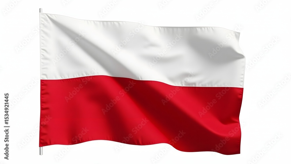 Naklejka premium Photorealistic image of the flag of Poland with white and red horizontal stripes, isolated on a white background. Realistic fabric texture and folds with natural lighting.