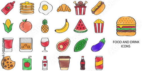 Food and Drink simple New concept 24 hand drawn color icons set .Vector illustration.