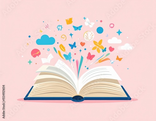 Open Book Filled With Colorful Magical Objects On Pastel Pink Background