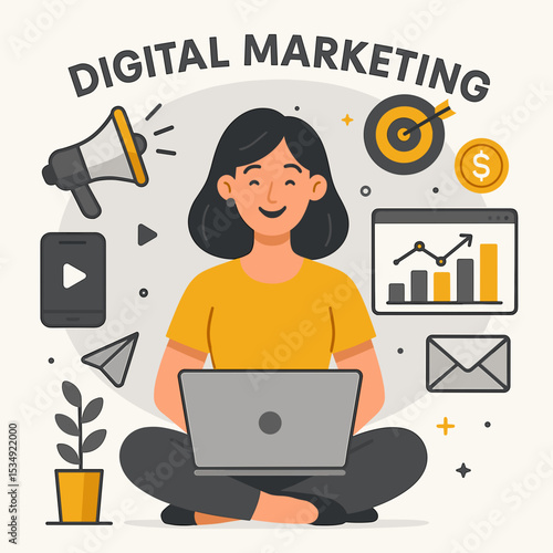 Flat Style Illustration of a Woman Using Laptop for Digital Marketing with Icons Representing Email, SEO, and Targeting