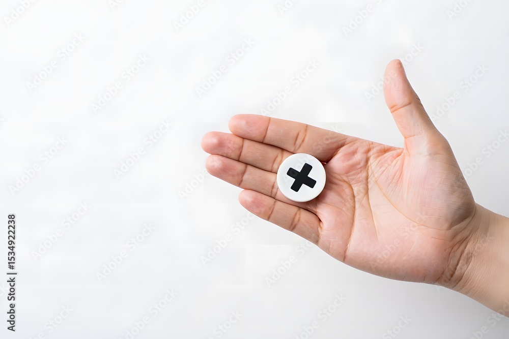 Fototapeta premium Human Hand Holding White Round Object with Black Cross Symbol Against a White Background, Minimalist and Clean Style