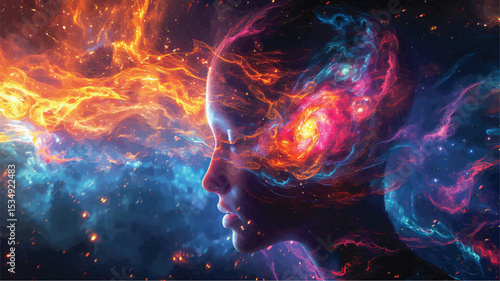 Head of a woman in meditating trance. Abstract concept of meditation, yoga and transcendent.