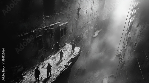 Monochromatic illustration of a war torn city with displaced figures walking through rubble symbolizing conflict destruction human resilience historical trauma and post apocalyptic survival
