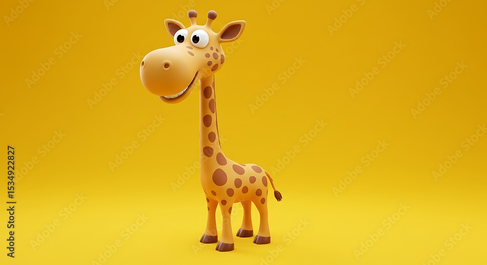 Naklejka premium Cheerful Cartoon Giraffe: 3D Render, Yellow Background