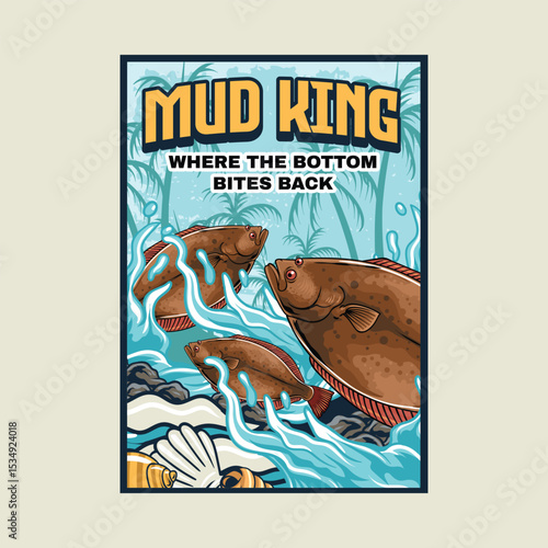 Halibut fish Poster in Cartoon Illustration. Perfect for fishing clubs, outdoor adventure, wildlife, and nature-themed