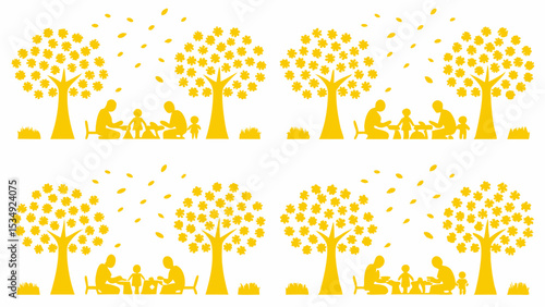 Four scenes of family gatherings under golden trees with falling leaves in a park setting illustration