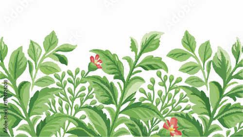 Lush foliage and delicate flowers create a vibrant botanical illustration with a natural aesthetic appeal