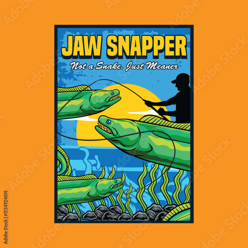 Green Moray Eel Poster in Cartoon Illustration. Perfect for fishing clubs, outdoor adventure, wildlife, and nature-themed