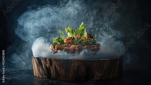 Gourmet food arrangement on a wooden stump, with dry ice smoke.