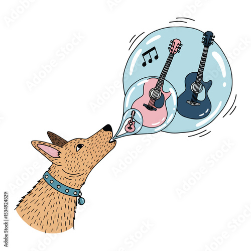 A cartoon dog vocalizing musical thoughts, visualizing guitars and musical notes.