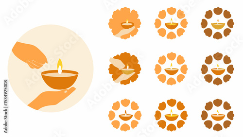 Illustrations of hands holding a diya and diya surrounded by flower petals in various arrangements