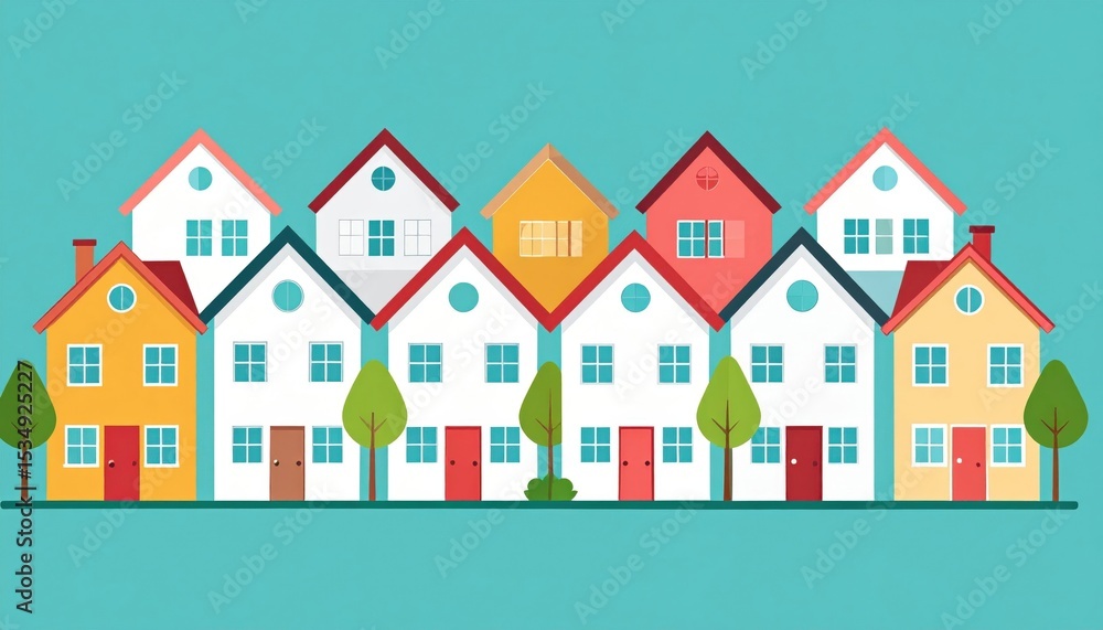 Colorful Row Of Houses On Teal Background Colorful Row Of Houses On Teal Background