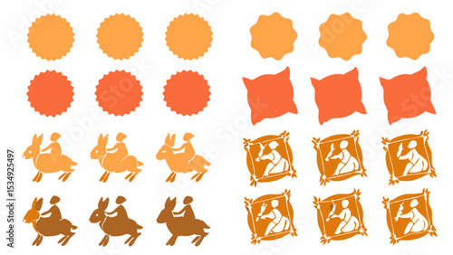 Illustration showing orange circles, pillows, rabbit riders and framed figures on a white background