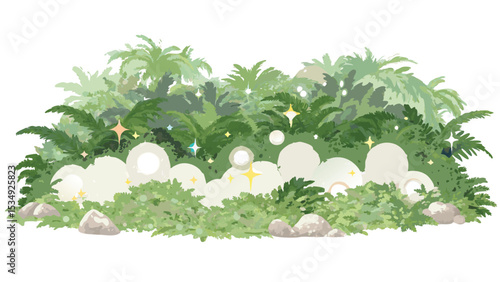 Lush vegetation with ferns and bushes and glowing orbs and stars in an outdoor setting design