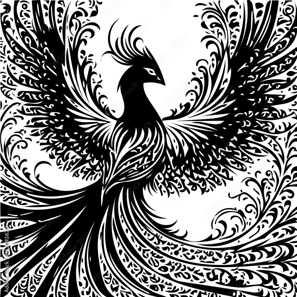 Fototapeta premium Phoenix fractal background, black and white vector