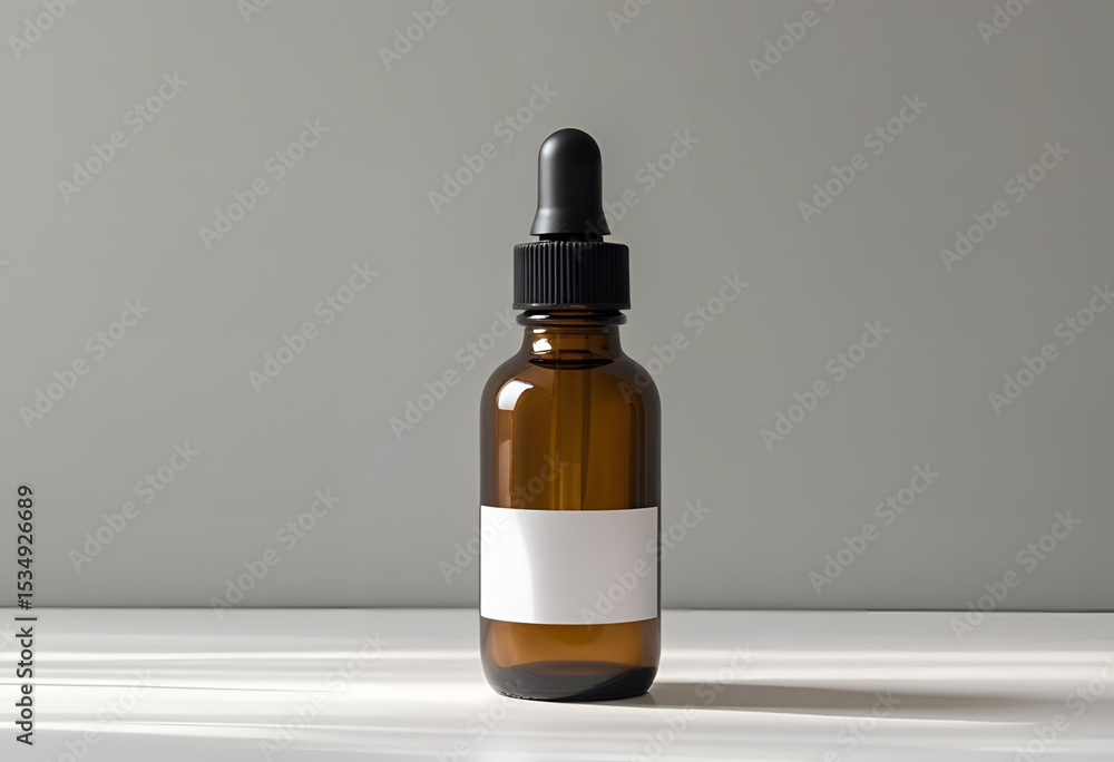 Amber glass dropper bottle with a blank white label on a minimalist grey background, ideal for cosmetic mockups. Amber glass dropper bottle with a blank white label on a minimalist grey background, ideal for cosmetic mockups.