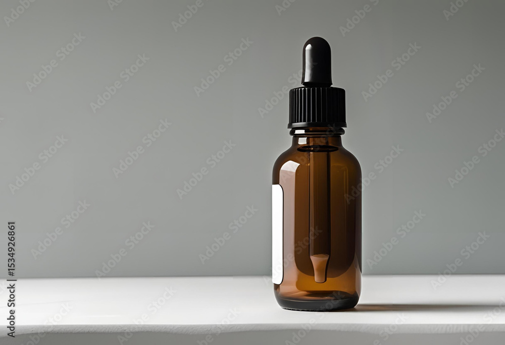 Amber glass dropper bottle with a blank white label on a minimalist grey background, ideal for cosmetic mockups. Amber glass dropper bottle with a blank white label on a minimalist grey background, ideal for cosmetic mockups.