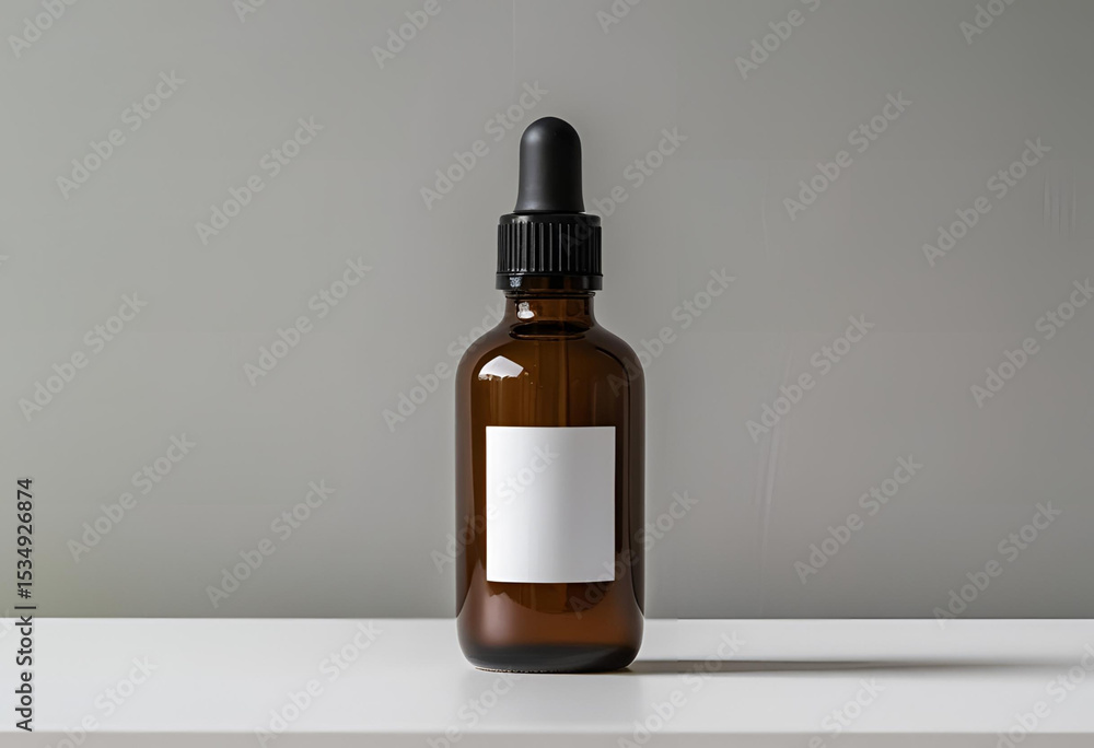 Amber glass dropper bottle with a blank white label on a minimalist grey background, ideal for cosmetic mockups. Amber glass dropper bottle with a blank white label on a minimalist grey background, ideal for cosmetic mockups.