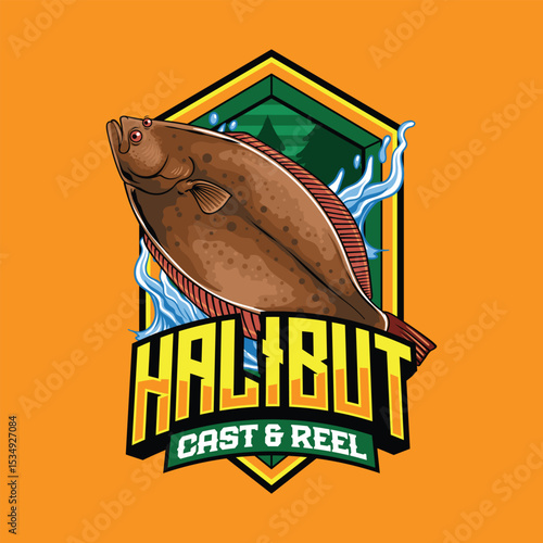 Halibut Fish in Colorful Vector Cartoon Illustration for sticker badge emblem t-shirt banner invitation