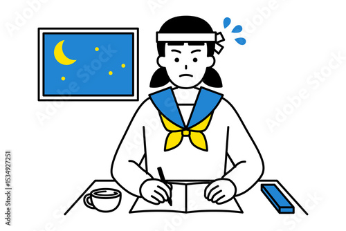 徹夜で勉強に励む女子学生