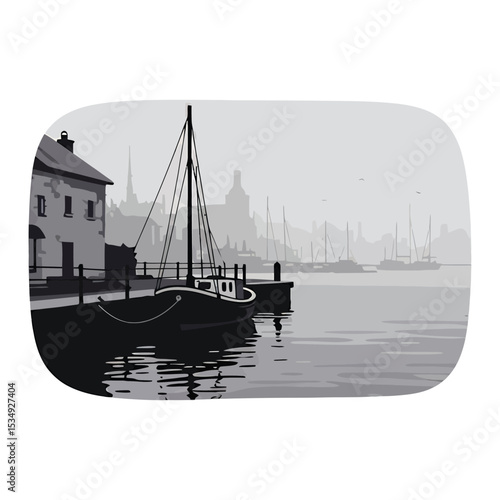 Gray-scale illustration of a harbor town with a docked sailboat.