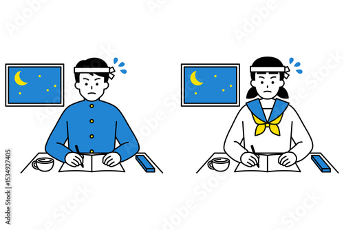徹夜で勉強に励む男女の学生　セット