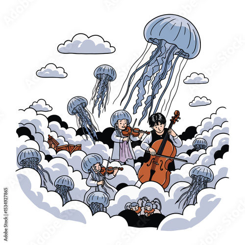 Cellists and violinists perform amidst floating jellyfish and clouds.