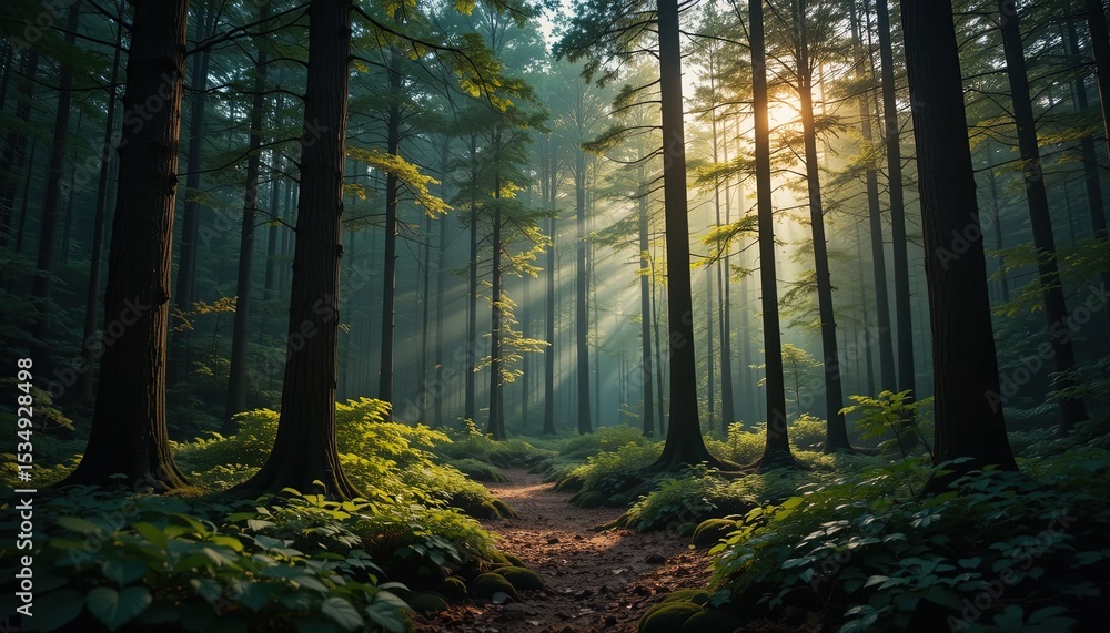 Fototapeta premium Sunlight filtering through a misty forest.