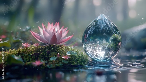 Wallpaper Mural Delicate lotus flower and a crystalline teardrop in a tranquil water garden. Torontodigital.ca