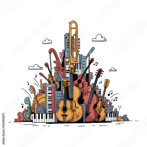A whimsical cityscape constructed entirely of musical instruments, creating a vibrant and playful composition.