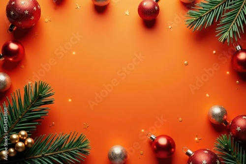 Warm orange background, festive Christmas decorations, winter scene Flat lay, top view , holiday season, lights, orange christmas