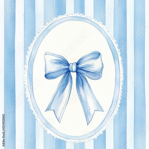 A watercolor painting of a light blue bow in an oval frame with lace, set against blue and white stripes