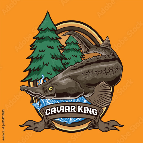 Sturgeon fish badge cartoon illustration with forest background, perfect for fishing clubs, outdoor adventure, wildlife, and nature-themed	