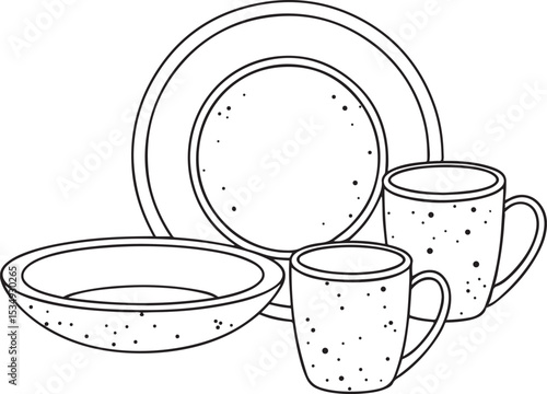 A breakfast table setting with porcelain mugs of coffee and tea, alongside a clean, empty plate