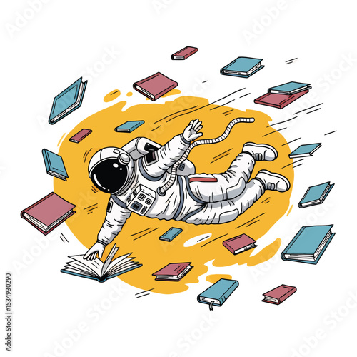 An astronaut, depicted in a stylized illustration, floats amidst a flurry of books, suggesting a love of learning and exploration.