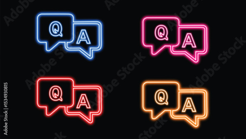 Glowing neon line Speech bubbles with Question and Answer icon isolated on black background. Q and A symbol. Message with a question mark with a neon saber effect. Vector Illustration
