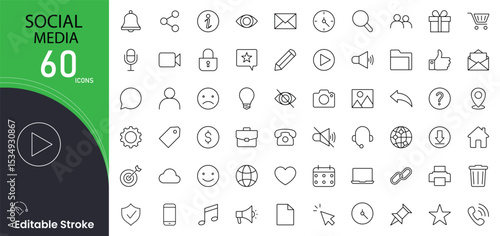 Social media related icon collections. Containing network, share, like, comment, follow, message, post, hashtag, notification, and profile icons. Editable Stroke.