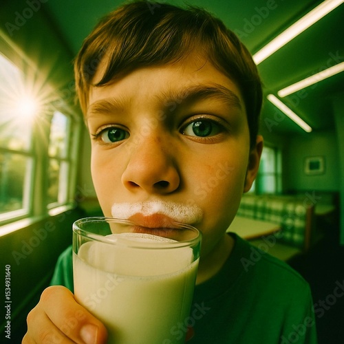 photo of a young boy with a milk mustache drinking from a tall glass, extreme close-up with fisheye lens effect