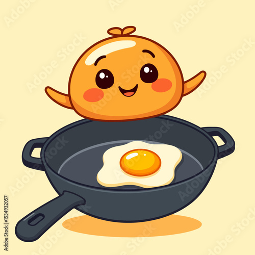 Cute cartoon sausage and fried egg in frying pan