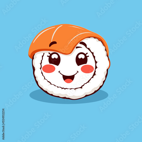 Cute cartoon sushi roll with salmon topping