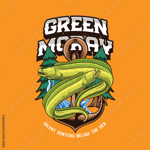 Green Moray Eel Colorful Vector Cartoon Illustration for sticker badge emblem t-shirt banner invitation	
